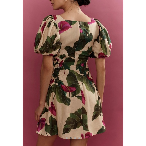 Farm Rio Anthurium Leaves Dress‎ Puff Sleeve Square Neck Linen Blend Size L - Picture 2 of 14